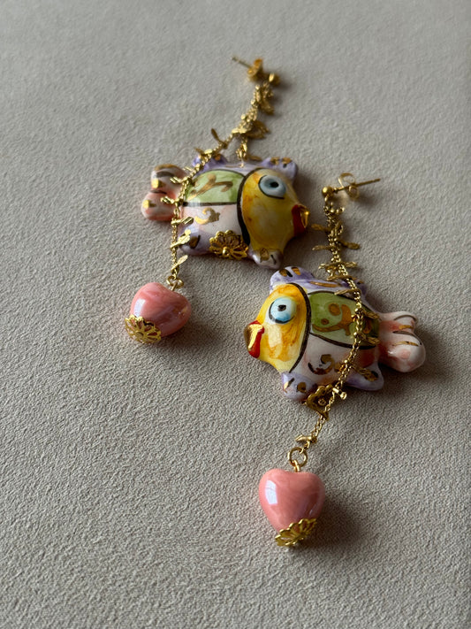 Pendientes Sicilia~Pez Cadenas con corazón