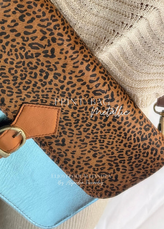 Bolso PRINT ~ Azul metalizado&Leopardo Hebilla Marrón